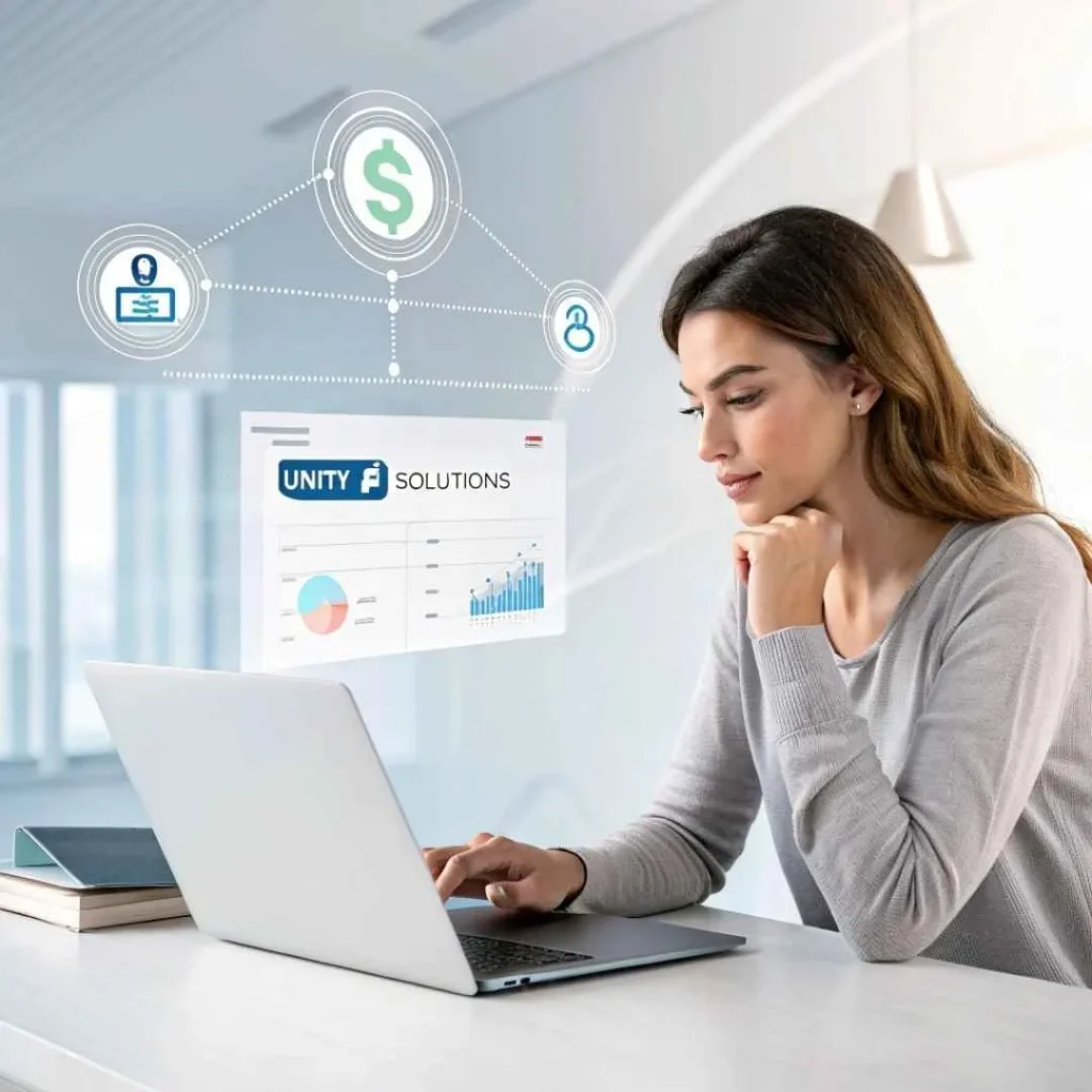 Woman verifying Unity FI Solutions charge on credit card statement online