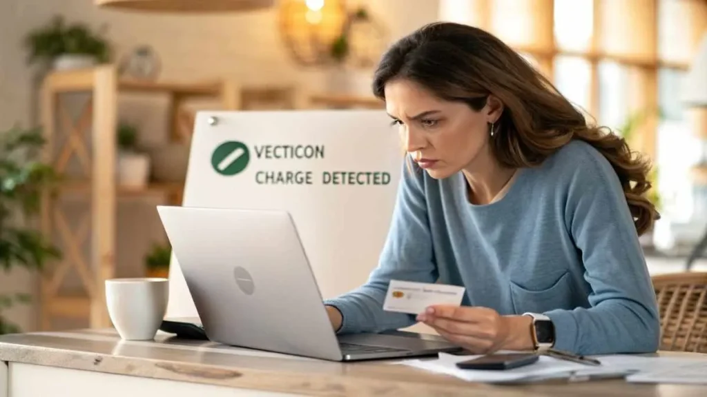 Young woman checking Vecticon charge alert on credit card statement