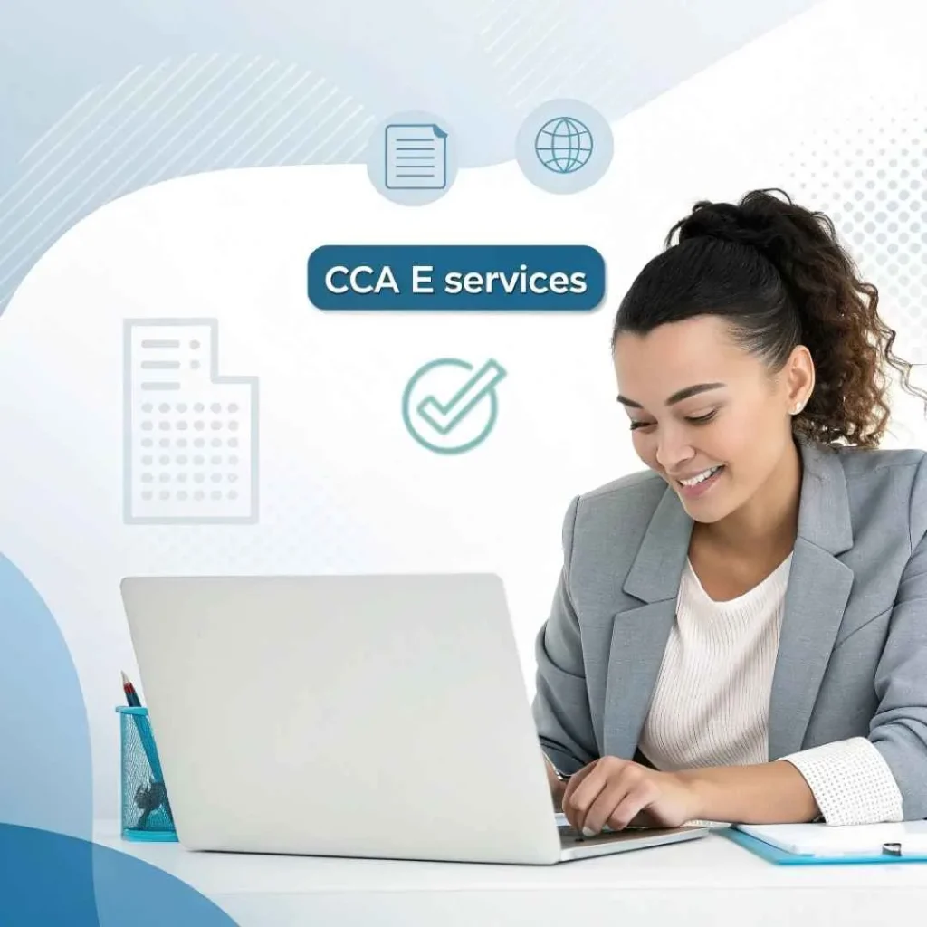 Professional woman verifying CCA e Services on credit card statement on laptop with highlighted transaction and digital icons