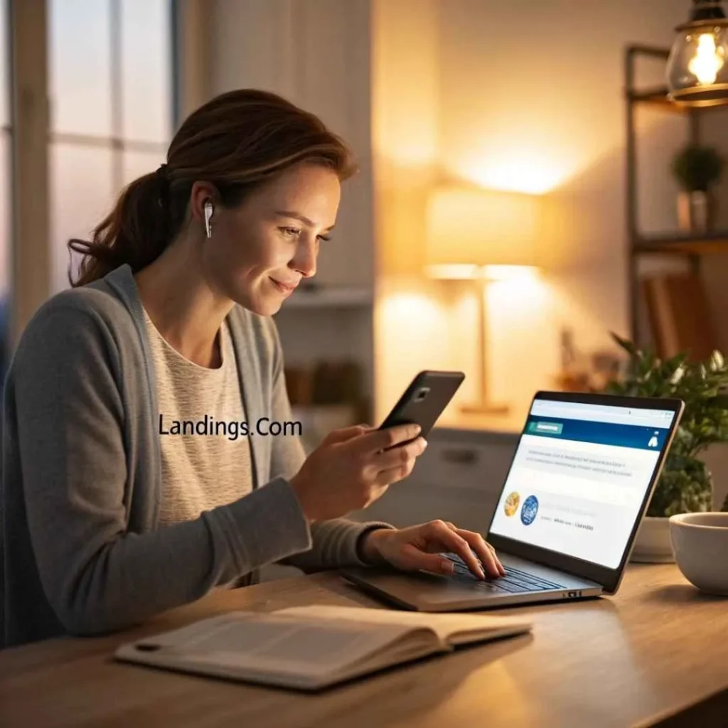 American woman verifying Landings.com credit card transaction on phone and laptop