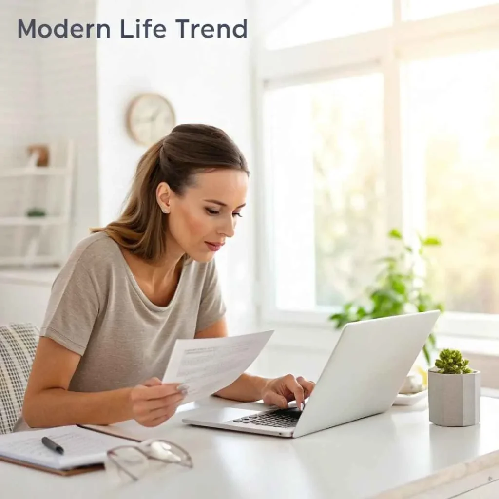Young woman reviewing Modern Life Trend credit card charge on laptop at home in California.