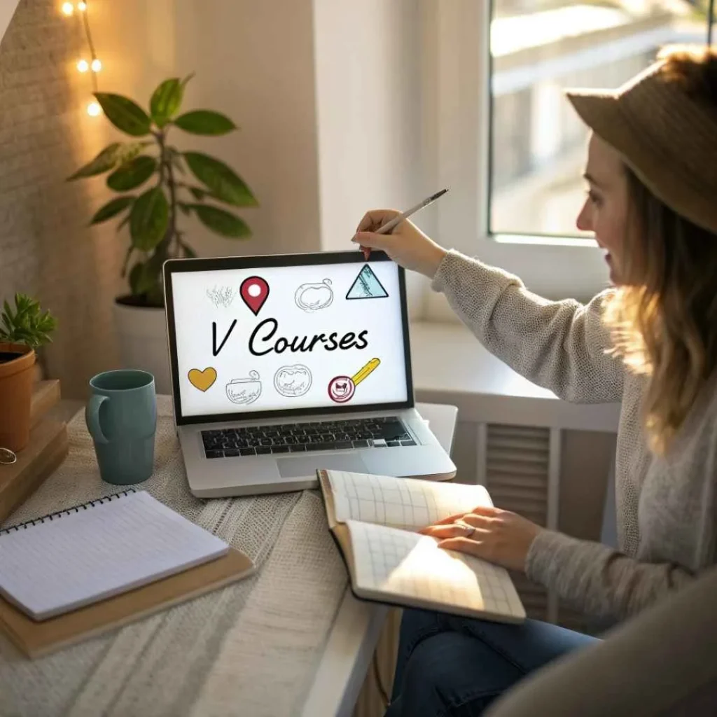 Woman checking and verifying V Courses charge on credit card statement