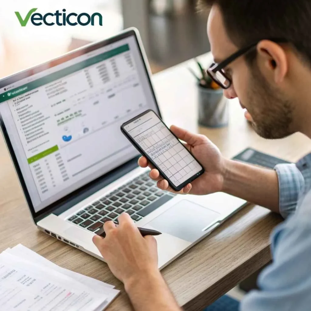 Person verifying Vecticon charge on bank statement using phone and laptop