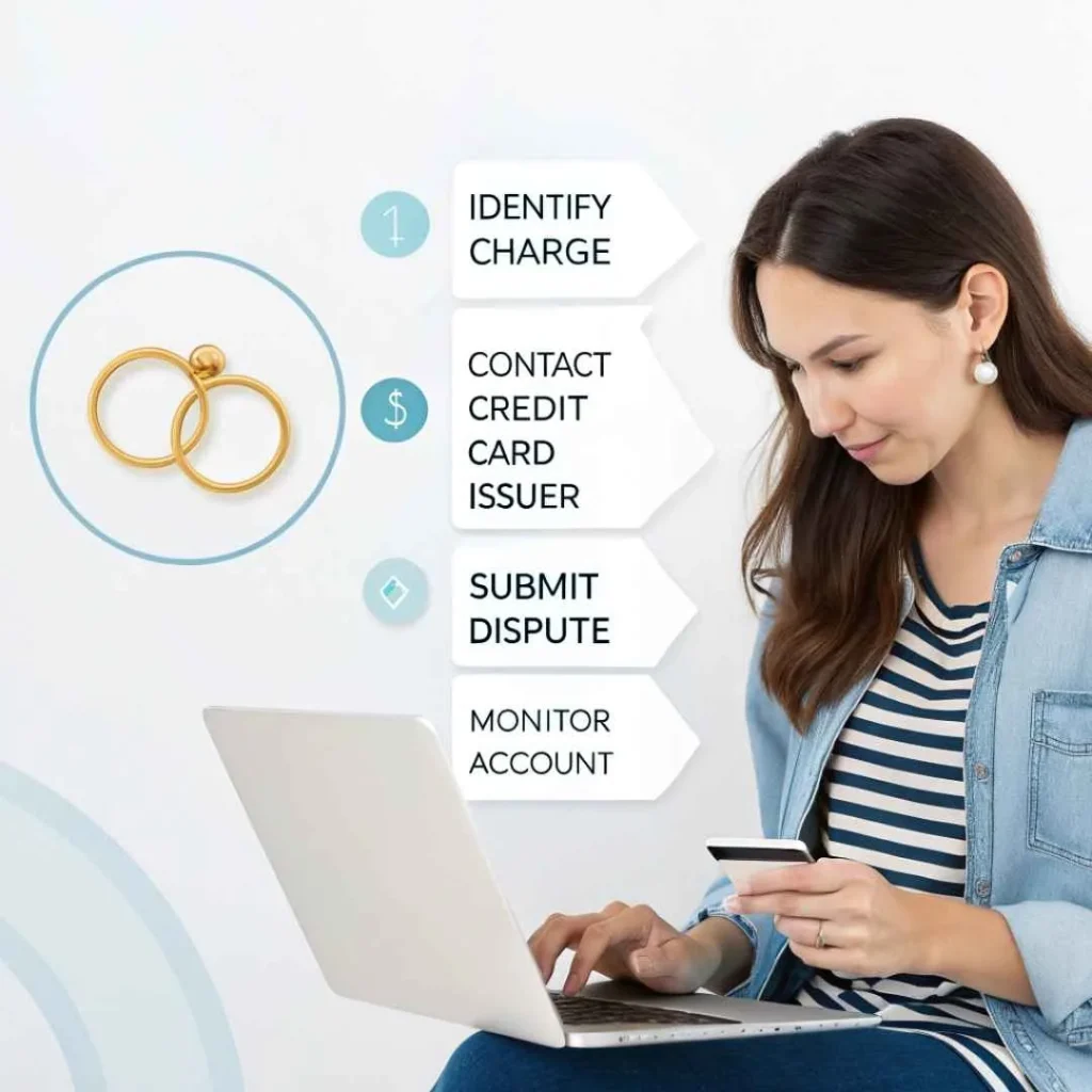 Step-by-step infographic showing how to dispute a WedPlanner.net charge on credit card, featuring a young woman using laptop.
