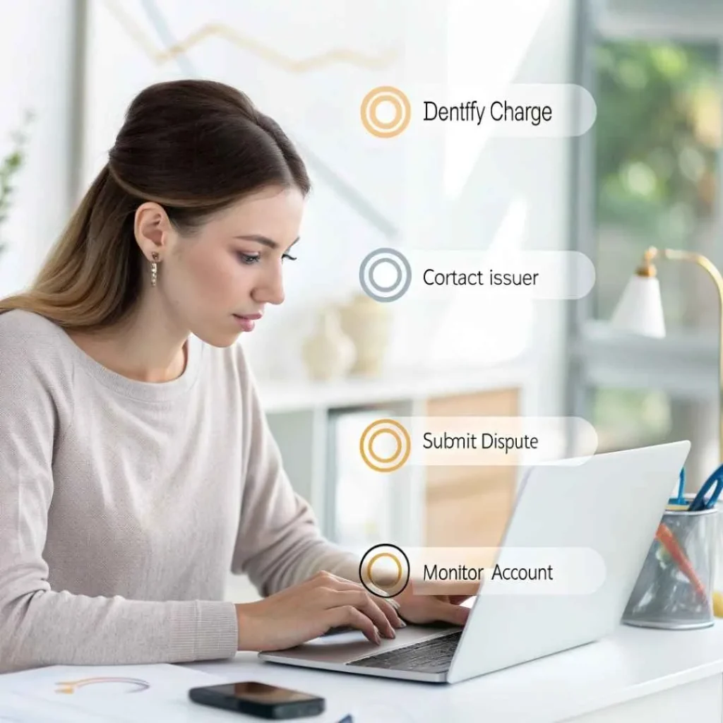 Young woman checking credit card and smartphone alerts with icons showing tips to prevent unauthorized WedPlanner.net charges.