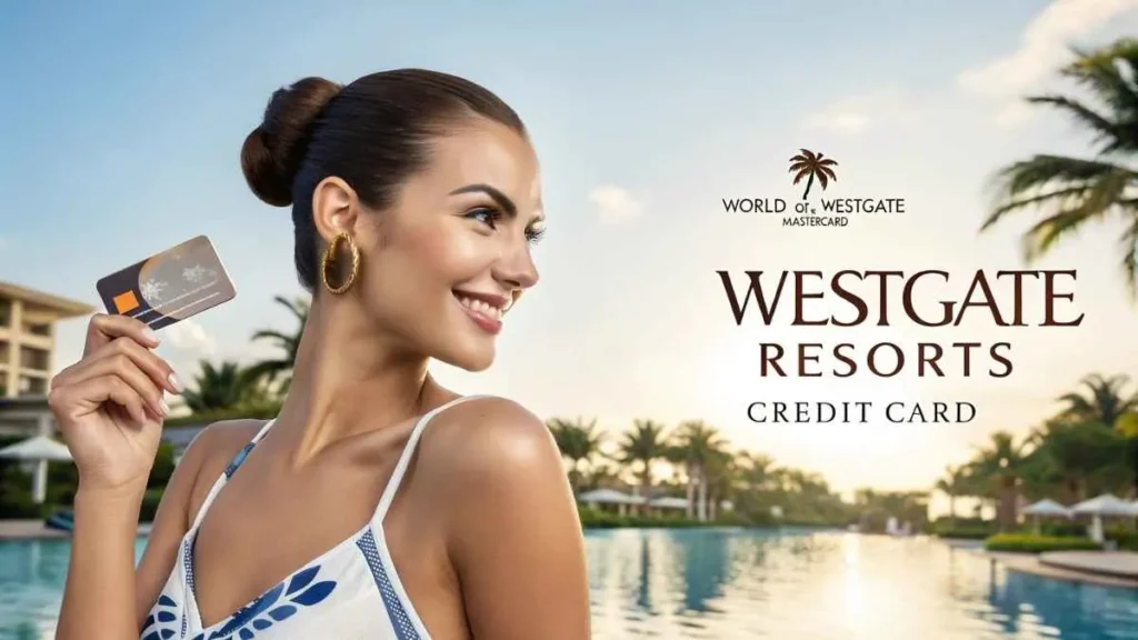 A glamorous young woman enjoying a luxury Westgate Resorts vacation holding the Westgate Resorts Credit Card
