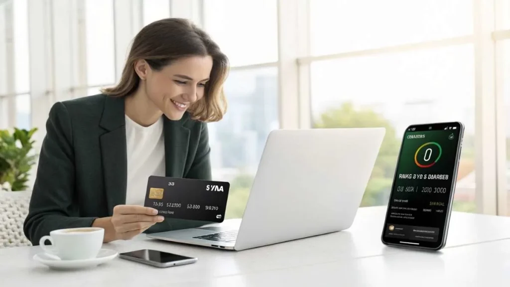 Westlake Black Visa Credit Card with cash-back rewards and a confident woman managing her finances