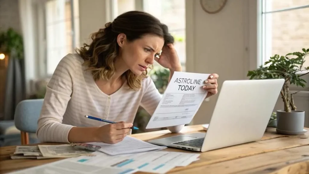 Young woman reviewing Astroline Today charge on a U.S. credit card statement