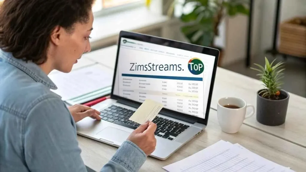 Person reviewing credit card statement showing Zimstreams.top charge