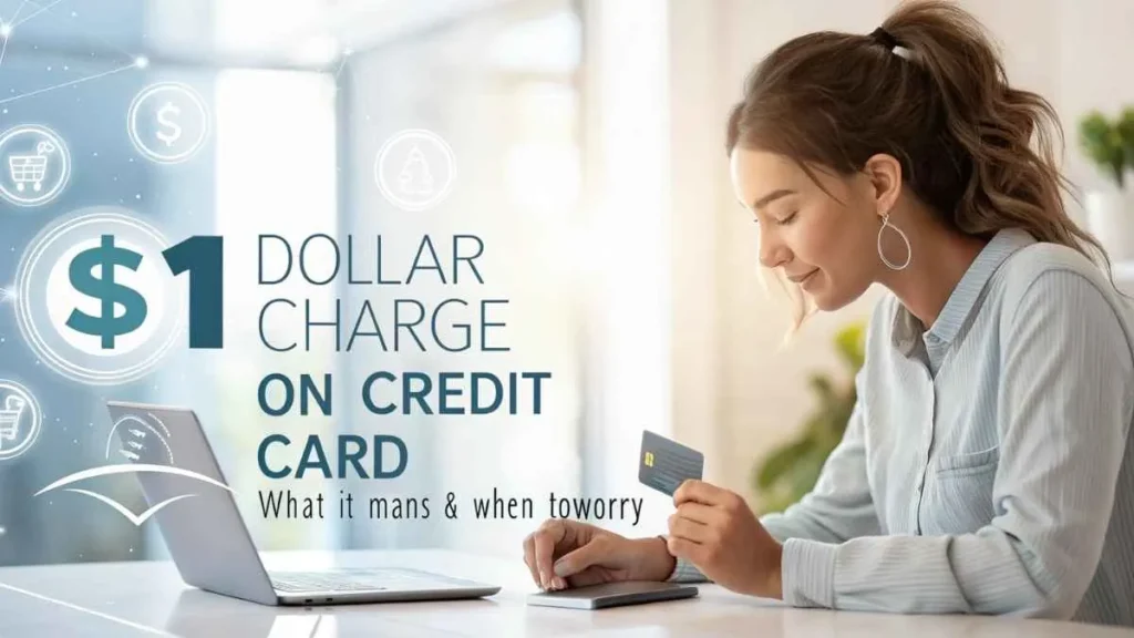 Beautiful woman holding credit card at laptop with $1 charge text overlay — concept image for understanding $1 authorization on credit cards.