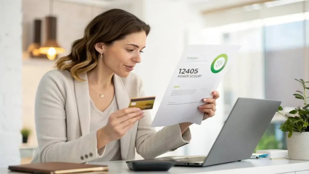 Woman checking her credit card statement showing an unknown 12405 Powerscourt charge