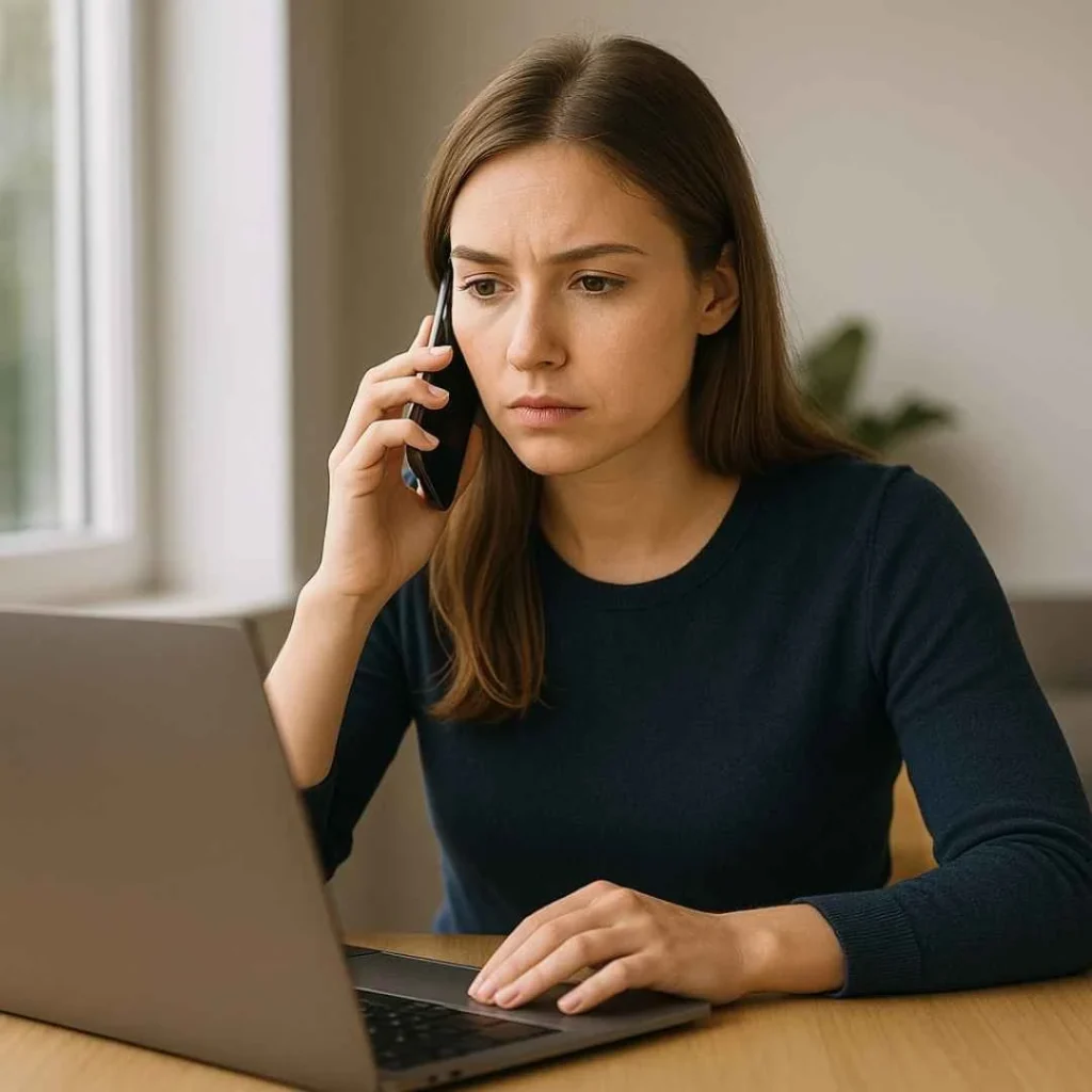 Man calling his bank after noticing an unfamiliar 3161 Michelson Dr charge on his credit card statement displayed on a laptop.