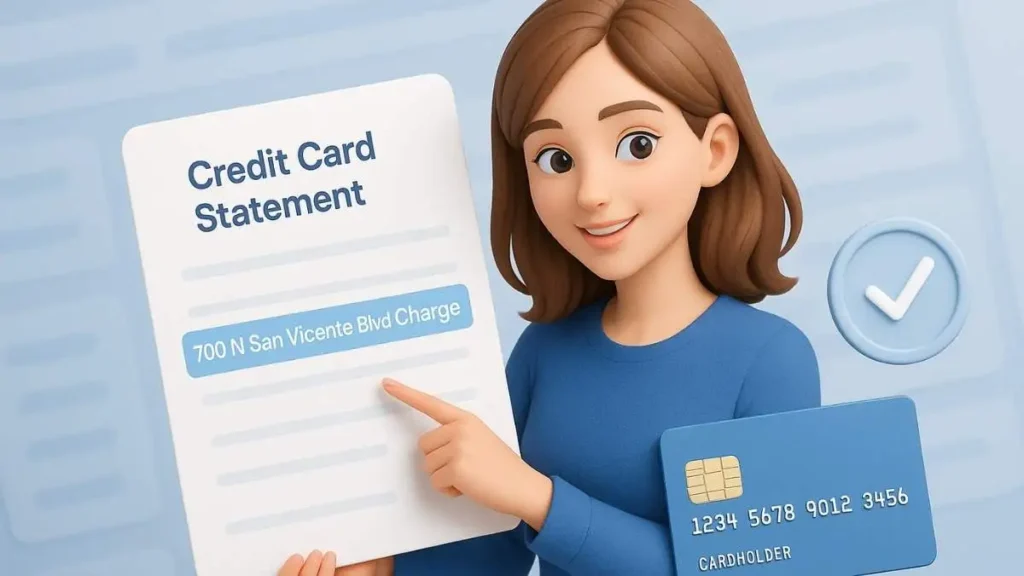 3D fintech illustration showing the 700 N San Vicente Blvd charge highlighted on a digital credit card statement