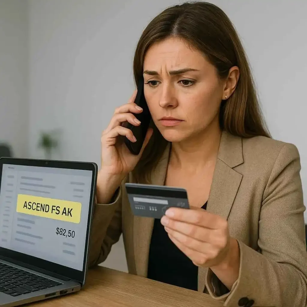 American woman calling her bank to dispute an unauthorized ASCEND FS AK charge