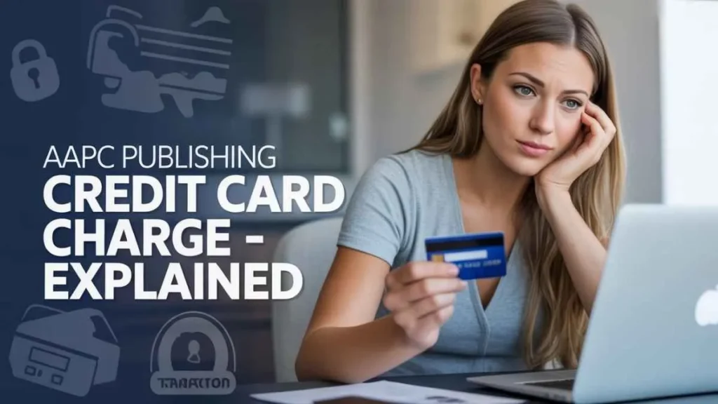 A concerned young woman sitting at a desk holding a credit card and smartphone, reviewing online statements with “AAPC Publishing Credit Card Charge” text overlay on a modern blue background.