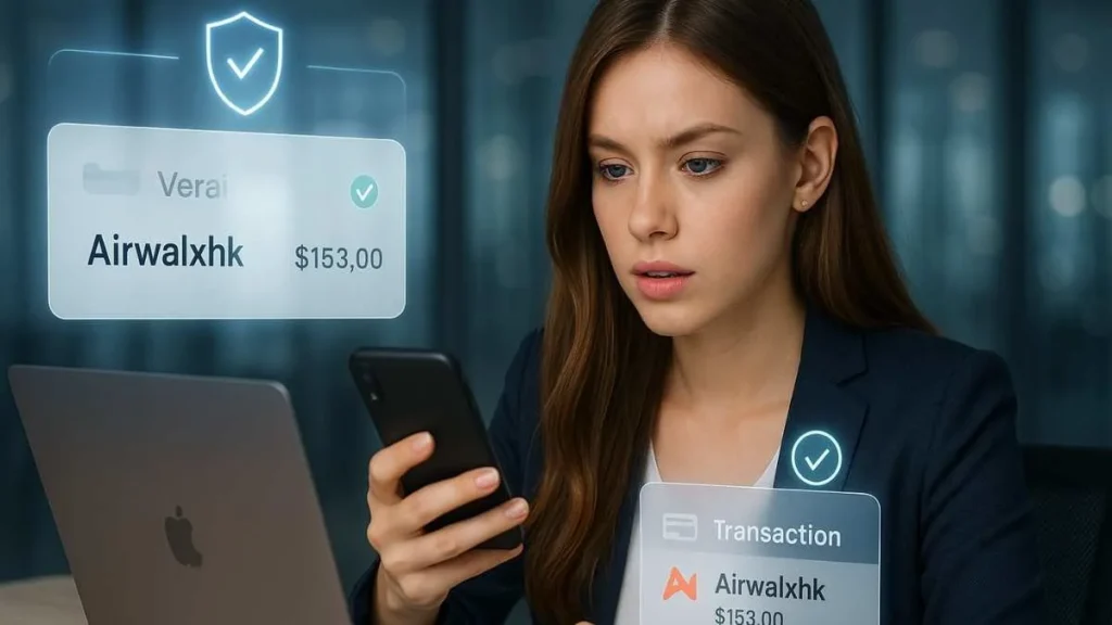 Woman reviewing Airwalxhk charge on credit card with fintech UI graphics