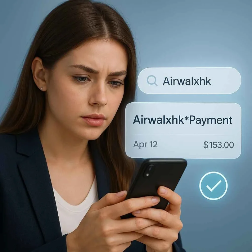 Woman verifying Airwalxhk charge on smartphone with highlighted transaction details.