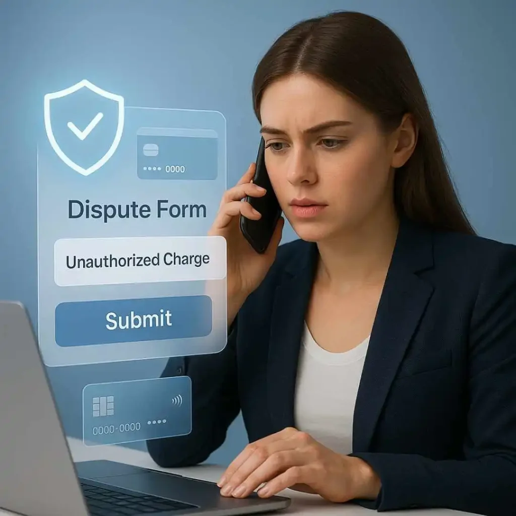 Woman contacting bank to dispute unauthorized Airwalxhk credit card charge with digital dispute form on screen.