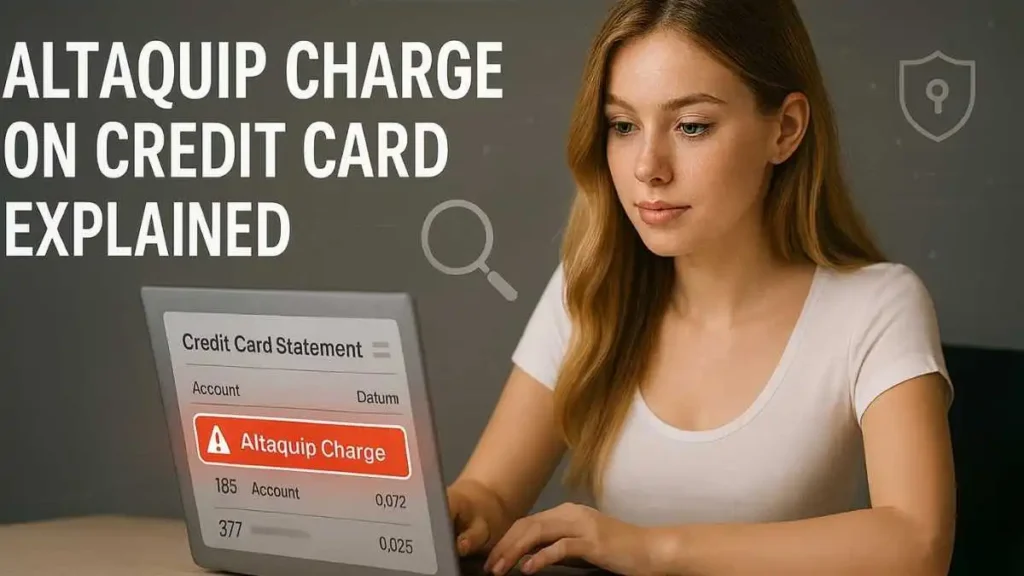 Attractive American woman checking an Altaquip charge on her credit card statement with highlighted suspicious transaction and professional fintech graphics.