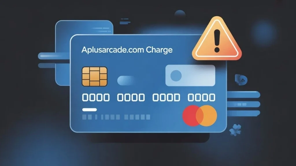 APlusArcade.com charge highlighted on a credit card statement with warning icon, representing unknown or suspicious billing