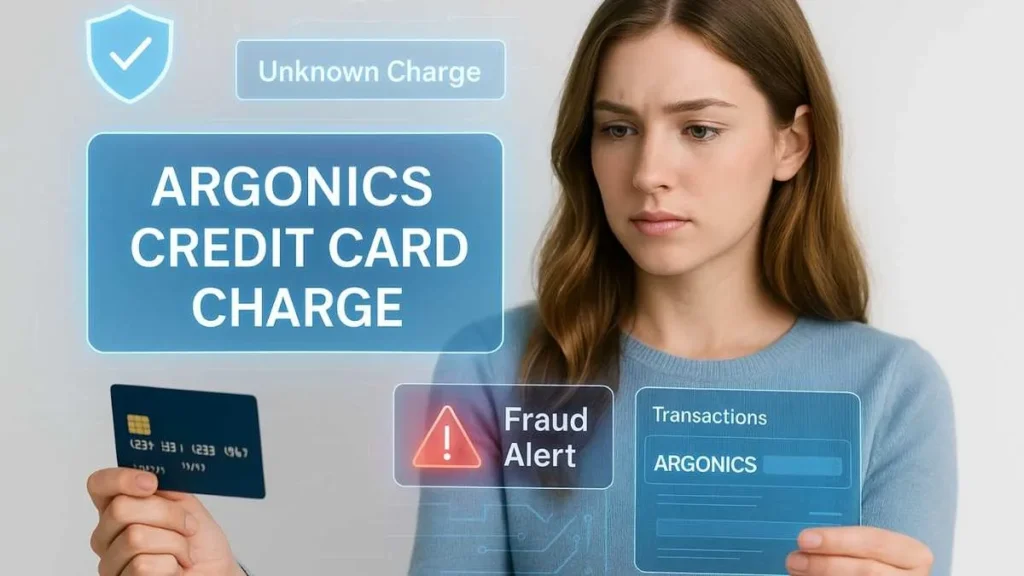 Young American woman checking a suspicious Argonics credit card charge with fraud alert and digital security graphics.