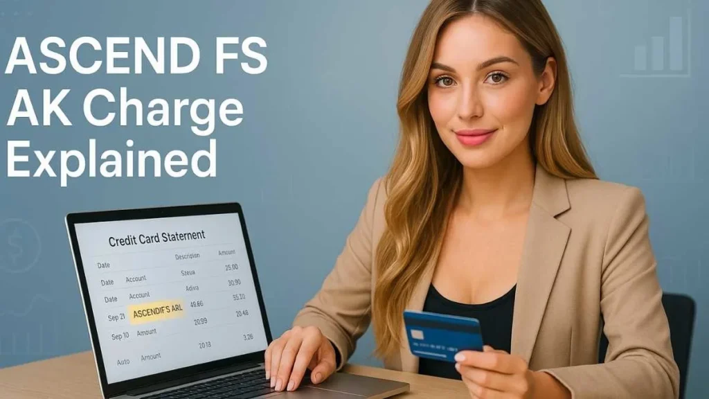 American woman checking credit card statement with ASCEND FS AK charge highlighted on laptop screen