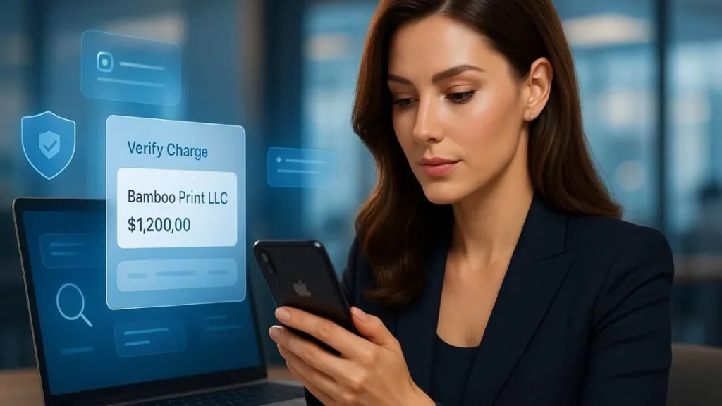 Beautiful woman reviewing Bamboo Print LLC charge on a credit card statement with fintech graphics.