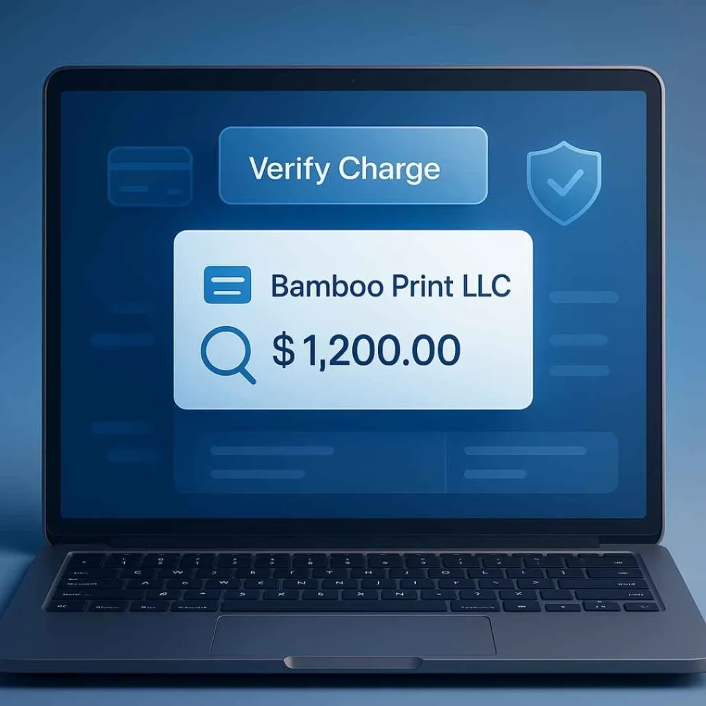 Credit card statement showing Bamboo Print LLC charge highlighted with verification icons.
