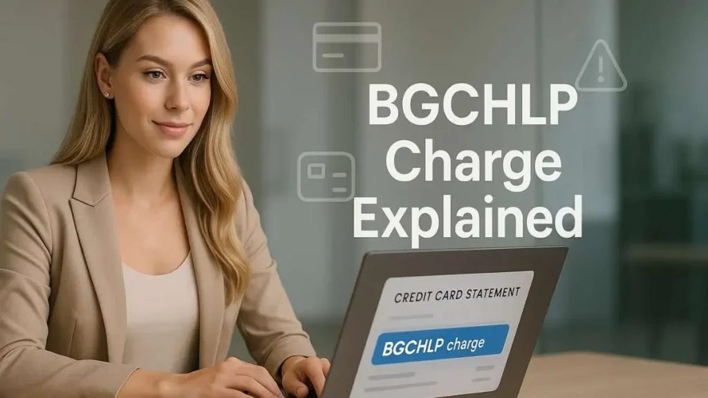 Beautiful woman reviewing her credit card statement with a highlighted BGCHLP charge on her laptop screen