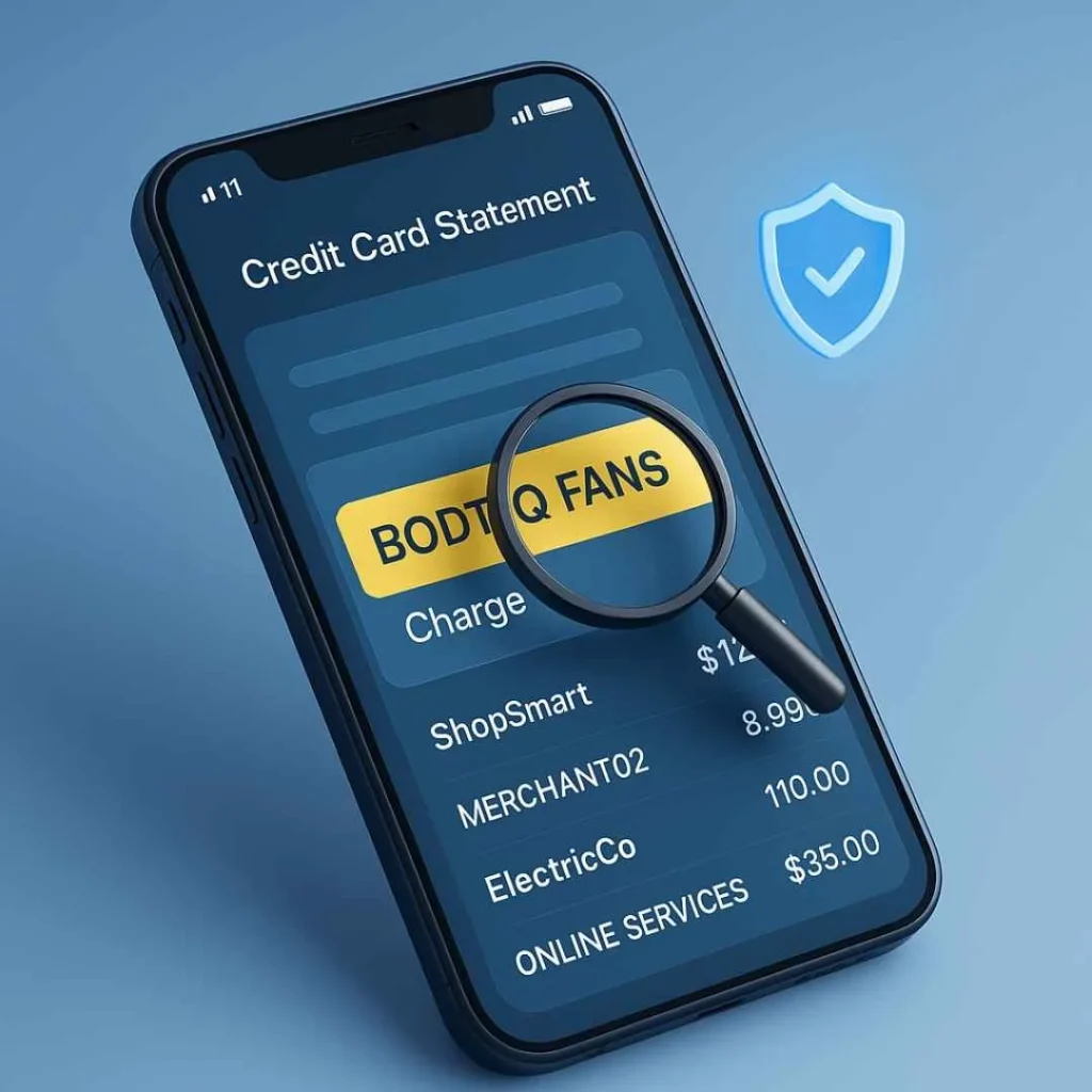 Smartphone showing a BODTIQ FANS charge highlighted on a credit card statement.