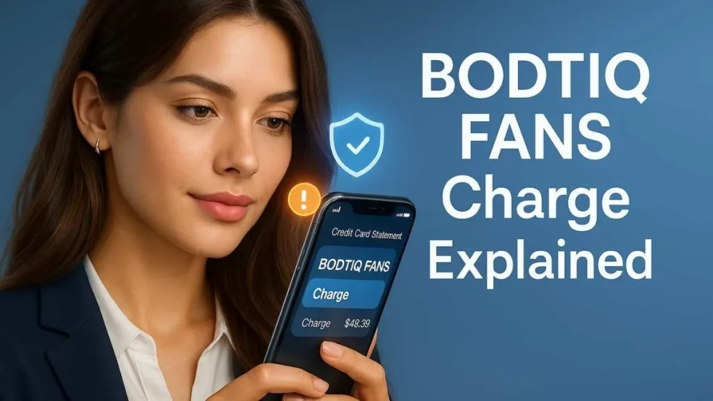 Beautiful woman checking credit card statement with highlighted BODTIQ FANS charge on a modern fintech screen