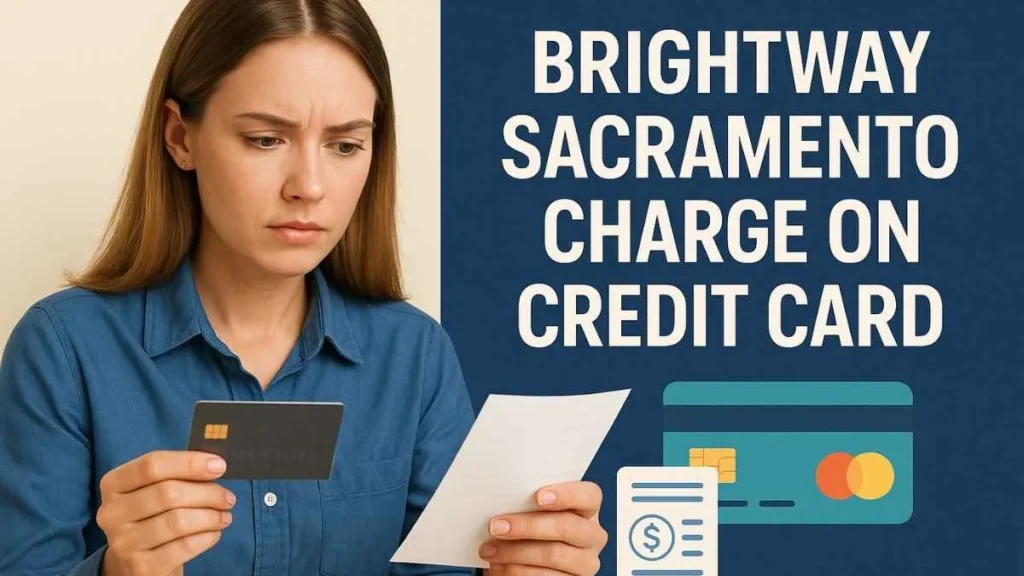 Woman reviewing credit card statement with Brightway Sacramento charge highlighted in a financial illustration.