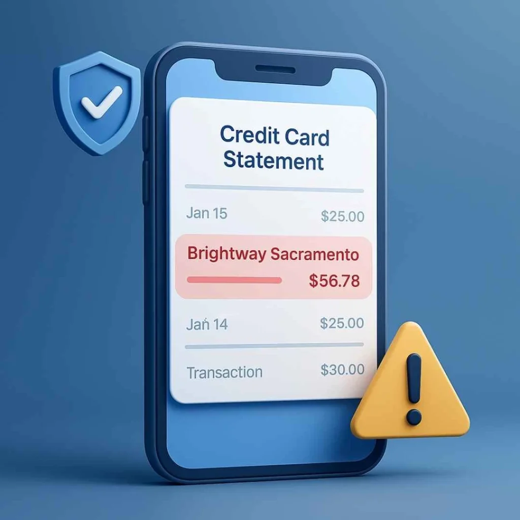 Smartphone screen showing Brightway Sacramento charge flagged as suspicious with fraud alert icons.