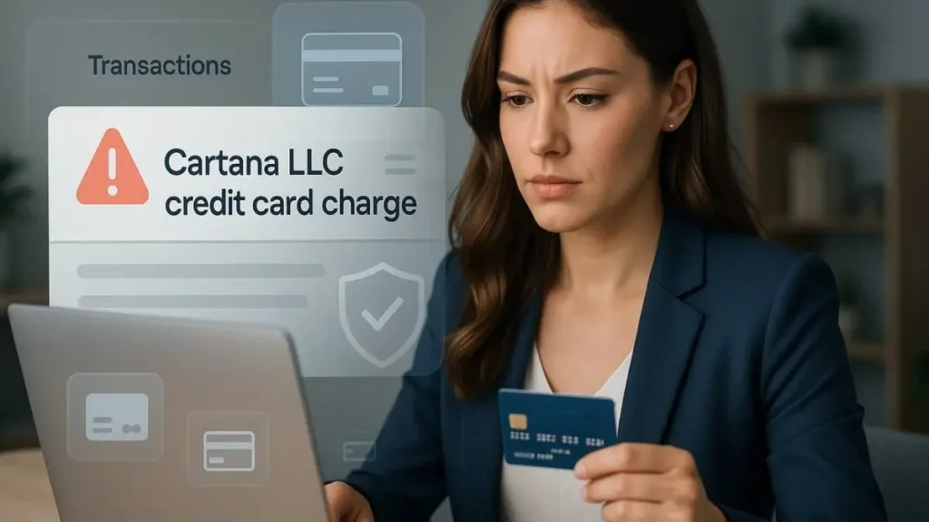 Young American woman reviewing a Cartana LLC credit card charge on her laptop with a highlighted suspicious transaction