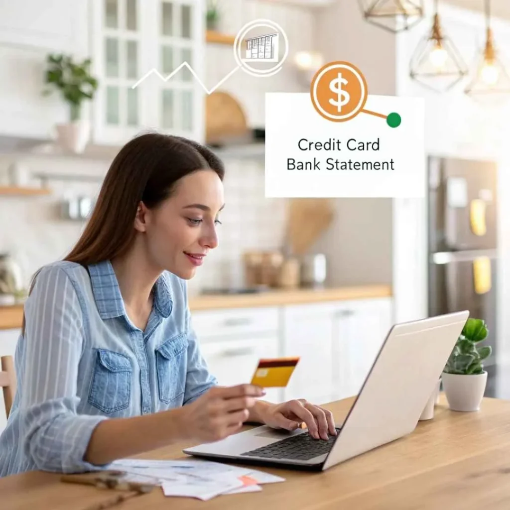 Woman reviewing credit card statement to verify Zonda Media charge details on laptop