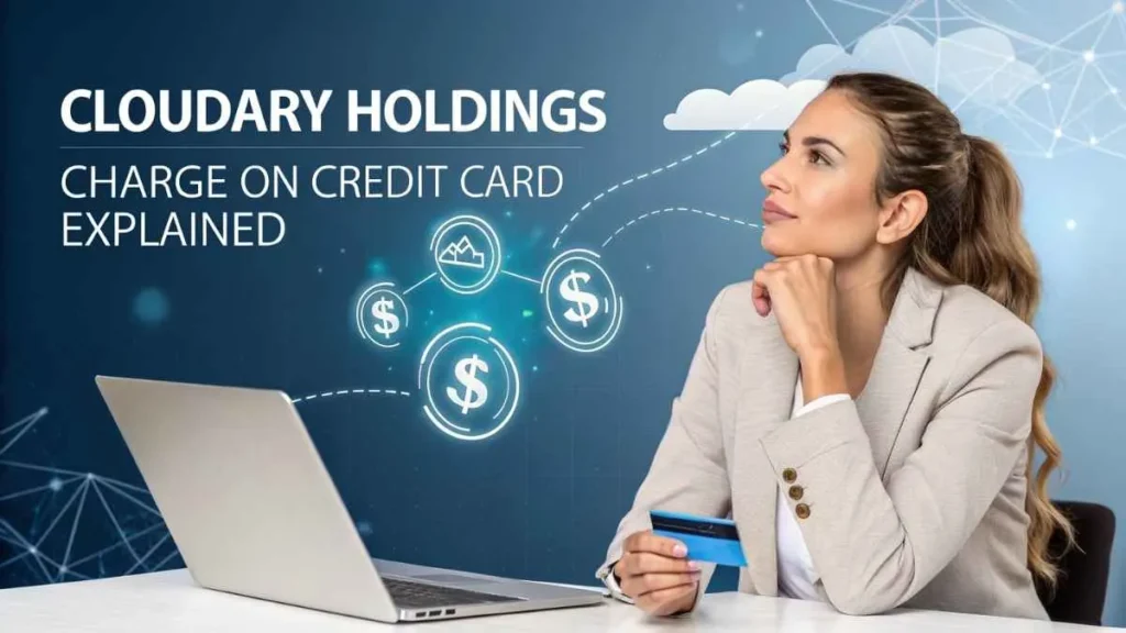 Beautiful woman holding credit card near laptop, digital payment and cloud graphics in background for Cloudary Holdings Charge blog.