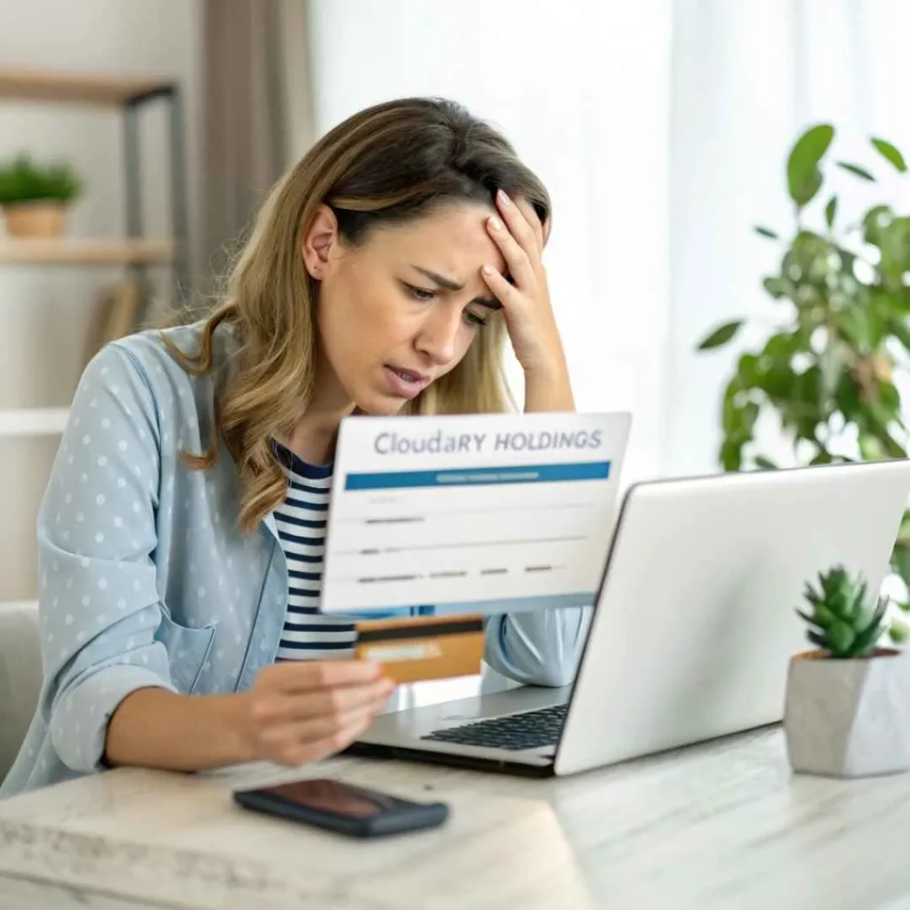 Woman looking at online bank statement with Cloudary Holdings charge highlighted on laptop screen.