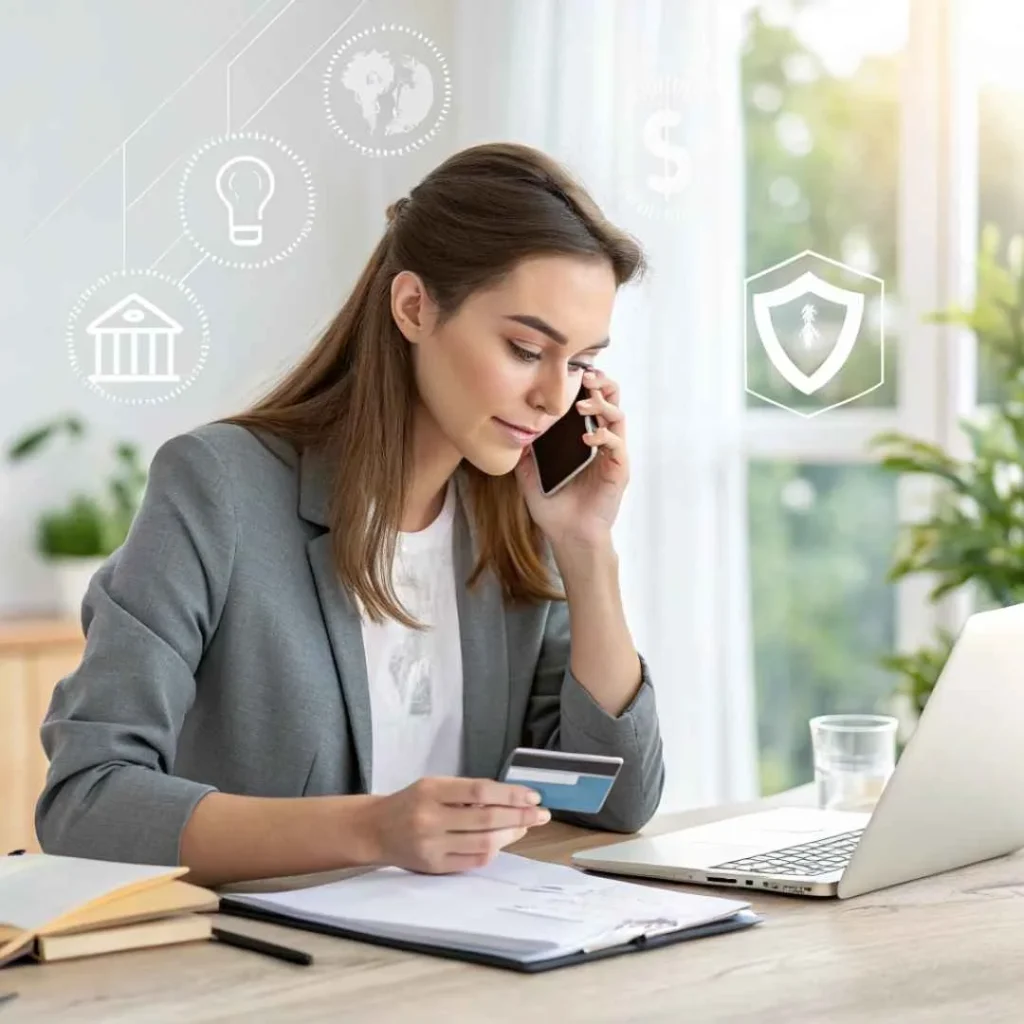 Woman calling her bank to dispute unauthorized Zonda Media charge on credit card