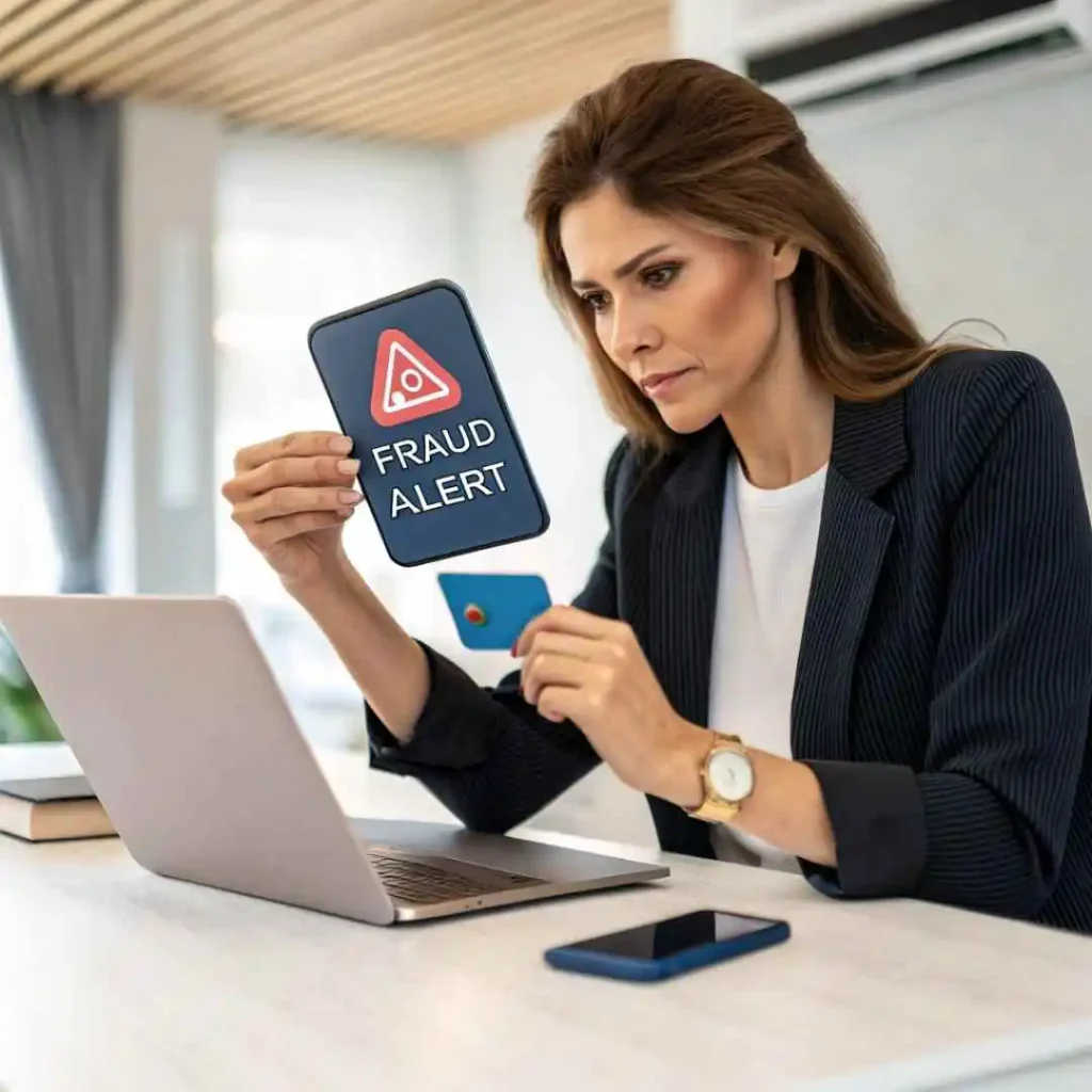 Woman checking a fraud alert on her phone for suspicious 12405 Powerscourt credit card activity