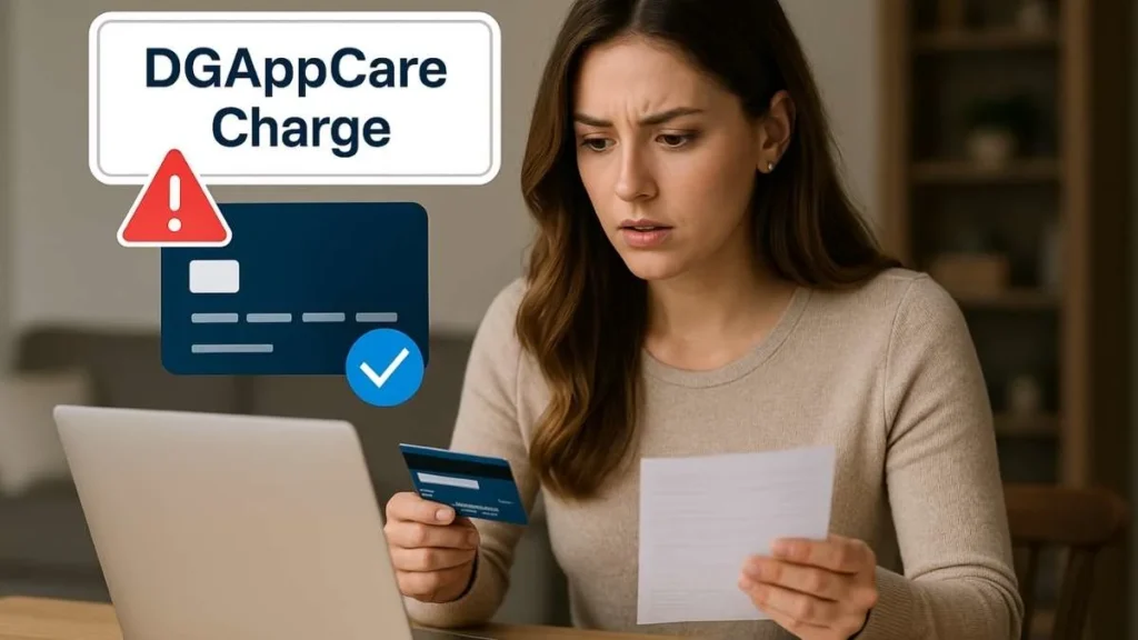 A young woman checking her credit card statement on a laptop, noticing a DGAppCare charge alert.