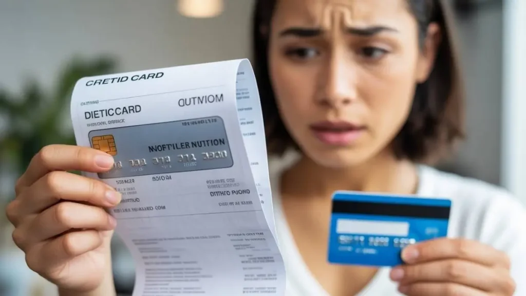 Unrecognized DietCF.com Nutrition charge on credit card statement with a concerned person reviewing the bill.