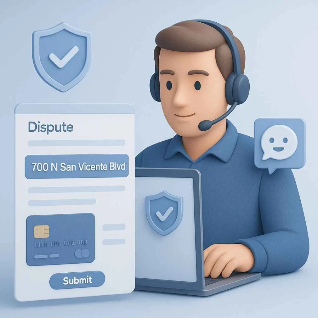 Bank support agent helping a customer dispute a 700 N San Vicente Blvd credit card charge