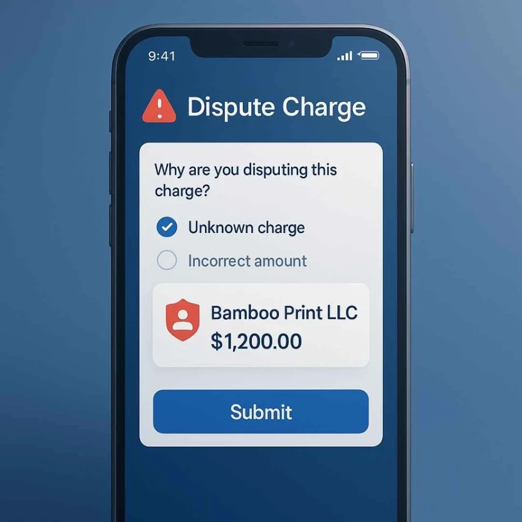 User filing a dispute for Bamboo Print LLC credit card charge on a mobile banking app.