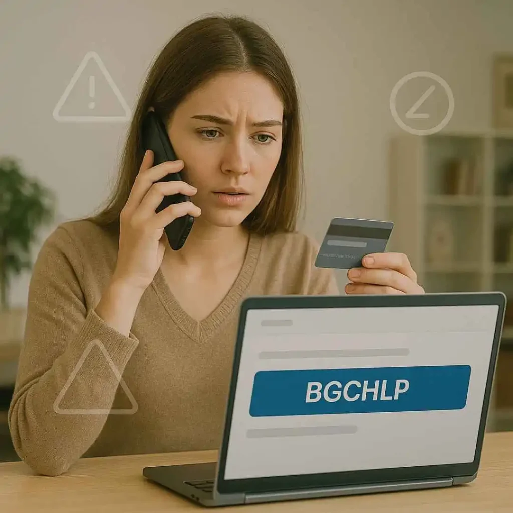 Woman calling her bank to dispute an unauthorized BGCHLP credit card charge