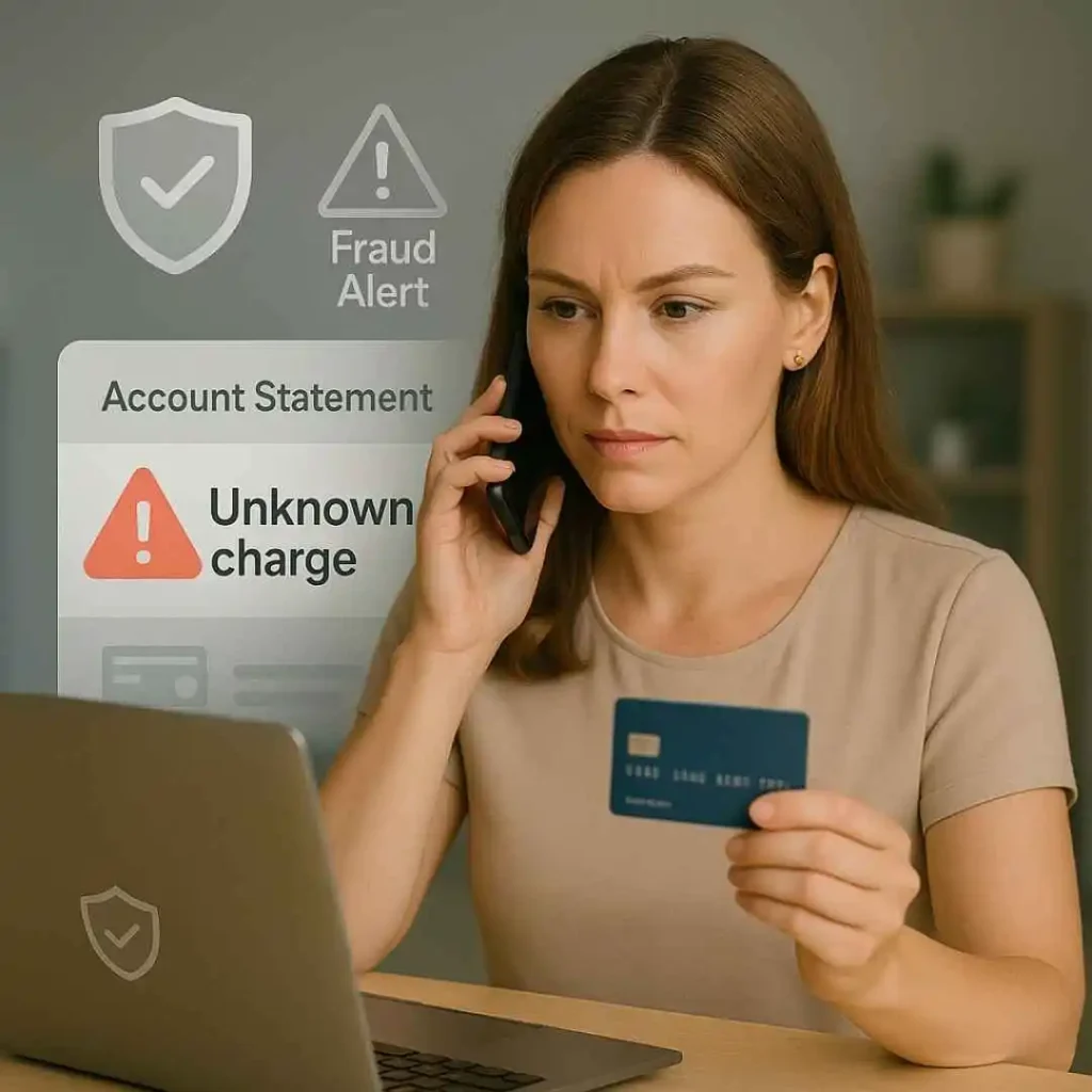 American woman calling her bank to dispute an unauthorized Cartana LLC credit card charge.