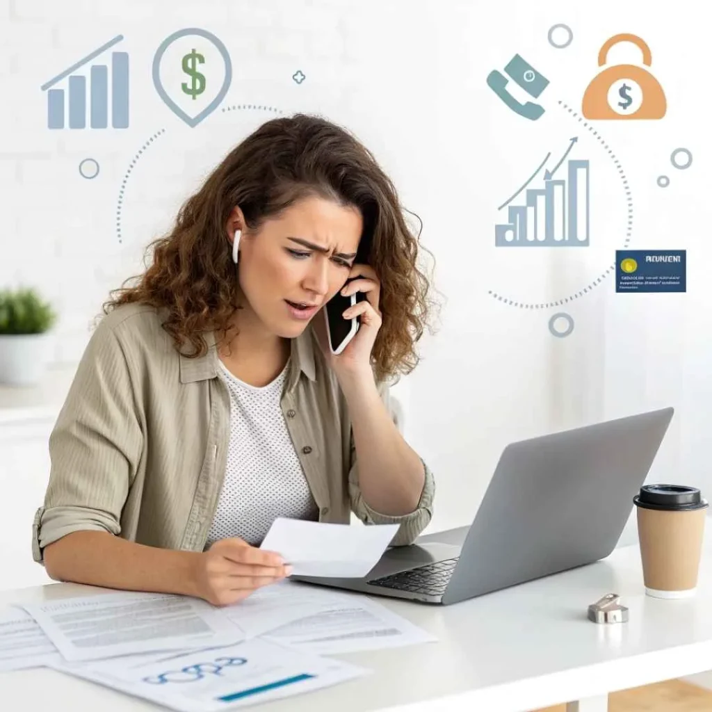 Woman calling her bank to dispute a suspicious credit card charge
