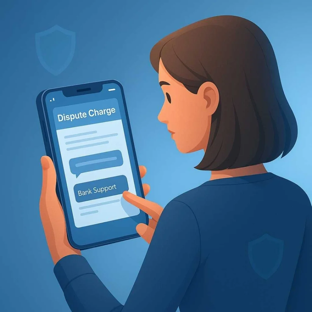 Realistic fintech illustration of a user disputing an unauthorized Hubwf App charge through a mobile banking app.