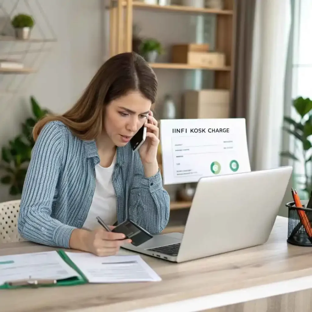 Woman reviewing credit card statement showing Infi Kiosk charge while calling bank, focusing on disputing unauthorized charges and protecting finances.