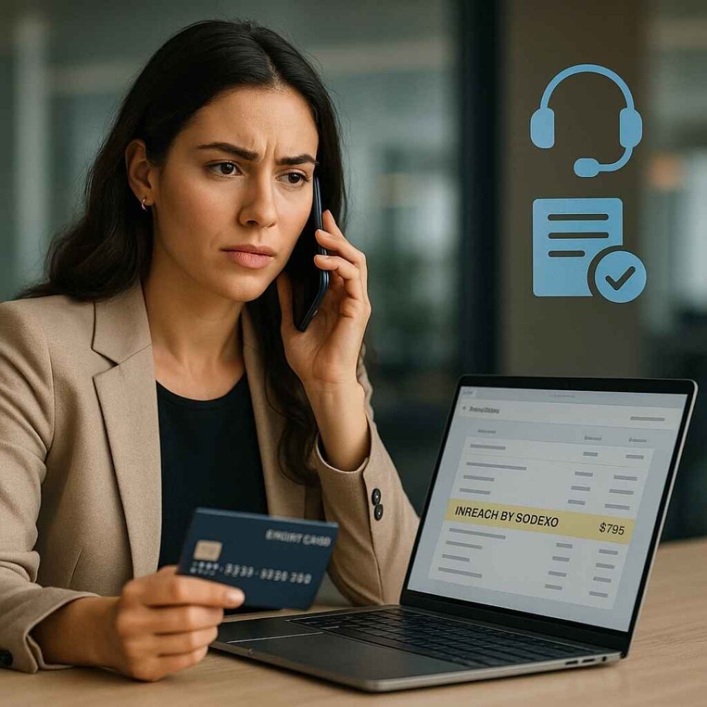 A woman calling her bank’s customer support to dispute an unfamiliar “InReach by Sodexo” charge while reviewing the highlighted transaction on her laptop.