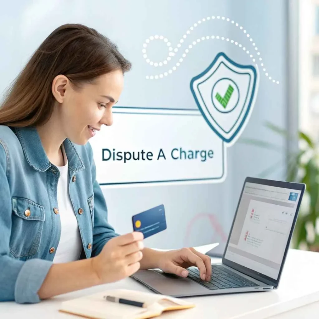 Woman disputing a Lotract Fans credit card charge on her online banking dashboard